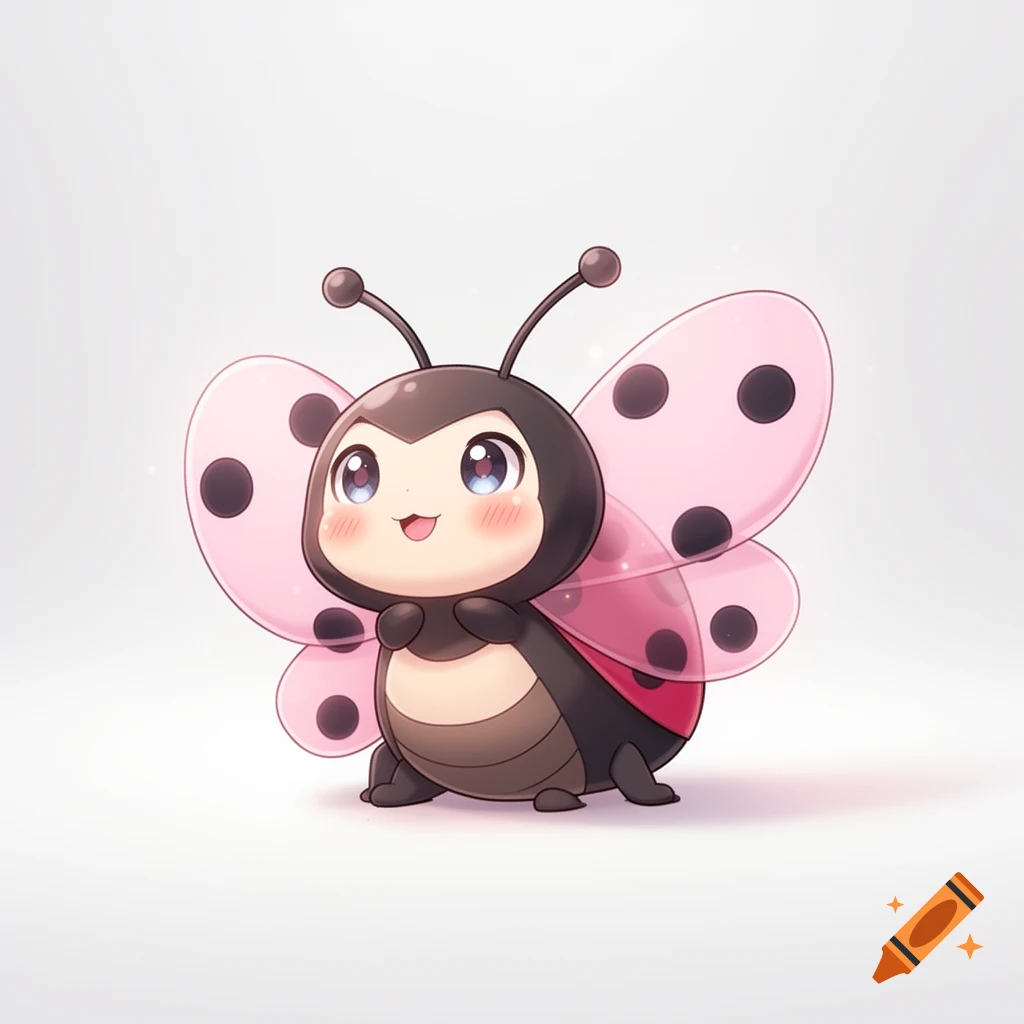 A cute anime ladybug character with pastel pink wings with black spots, big expressive manga eyes, and rosy cheeks on a clean white background.