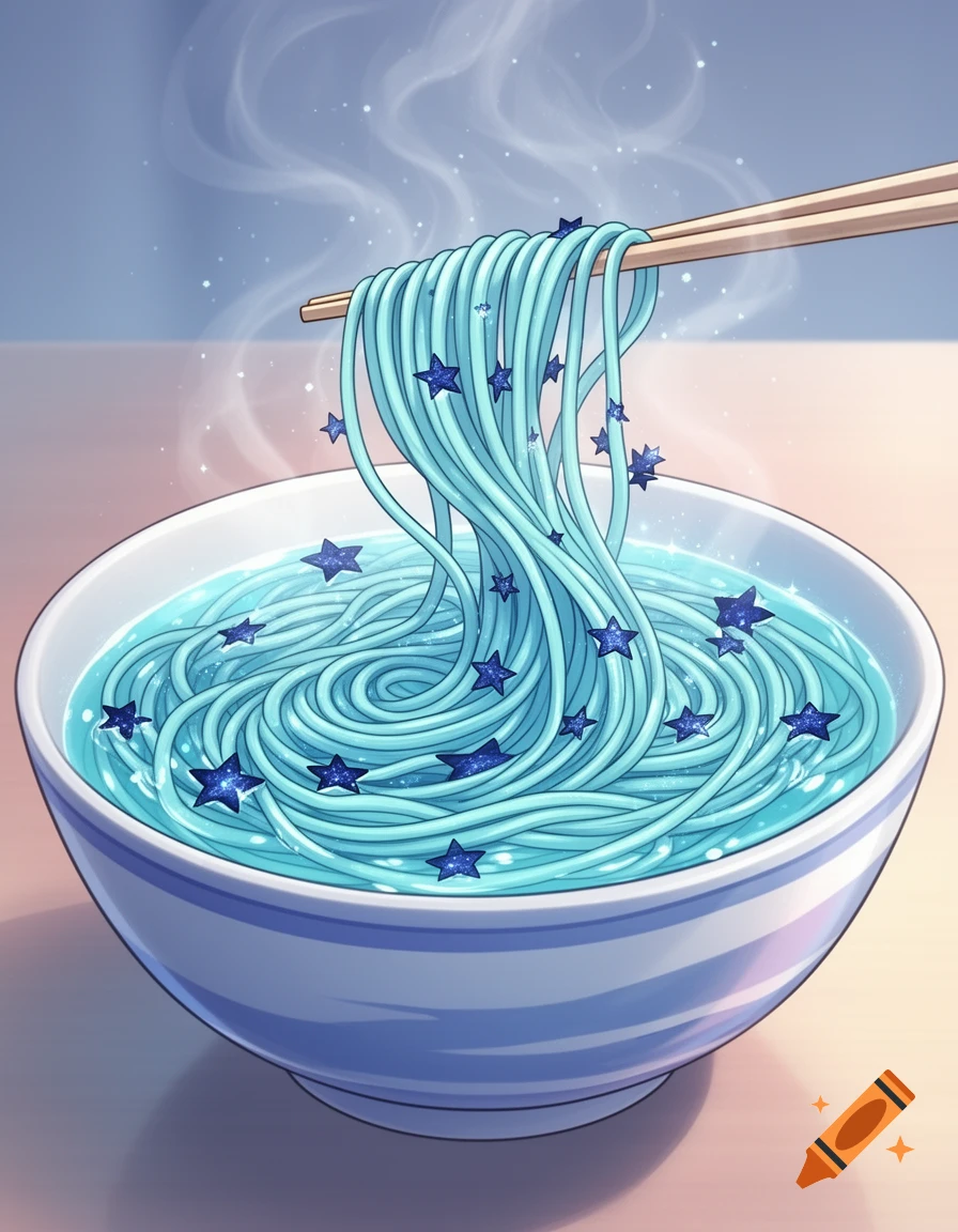 Chopsticks lift aqua-blue ramen noodles with dark-blue glittering stars from a bowl, in a 2D anime style.
