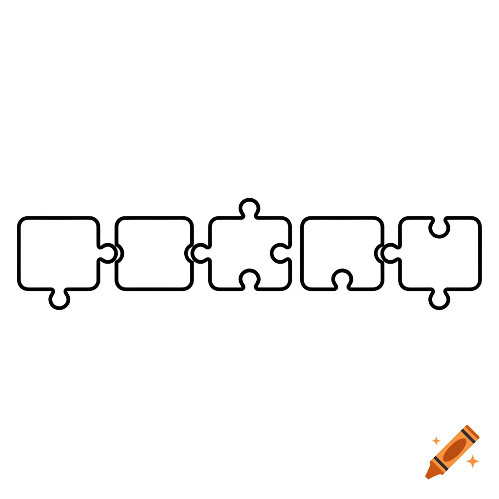 Five blank white puzzle pieces with black outlines are connected in a horizontal row against a white background.
