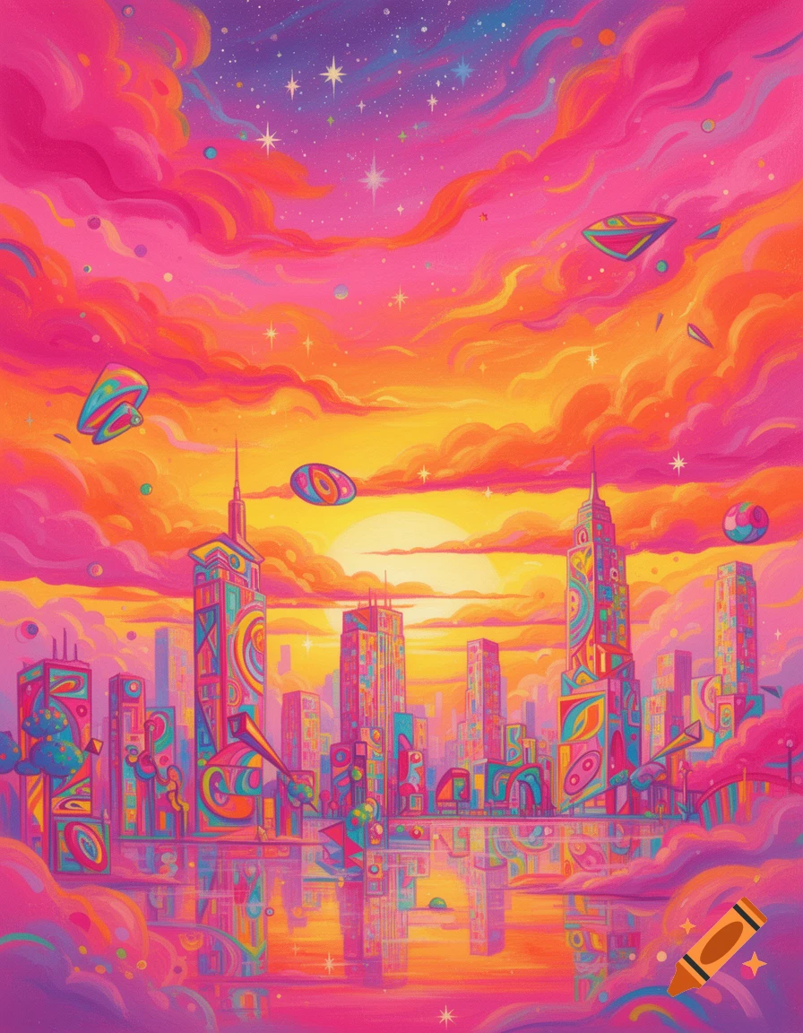A vibrant, psychedelic cityscape under a colorful pink and orange sky with glowing stars and abstract flying objects, reflected in water.