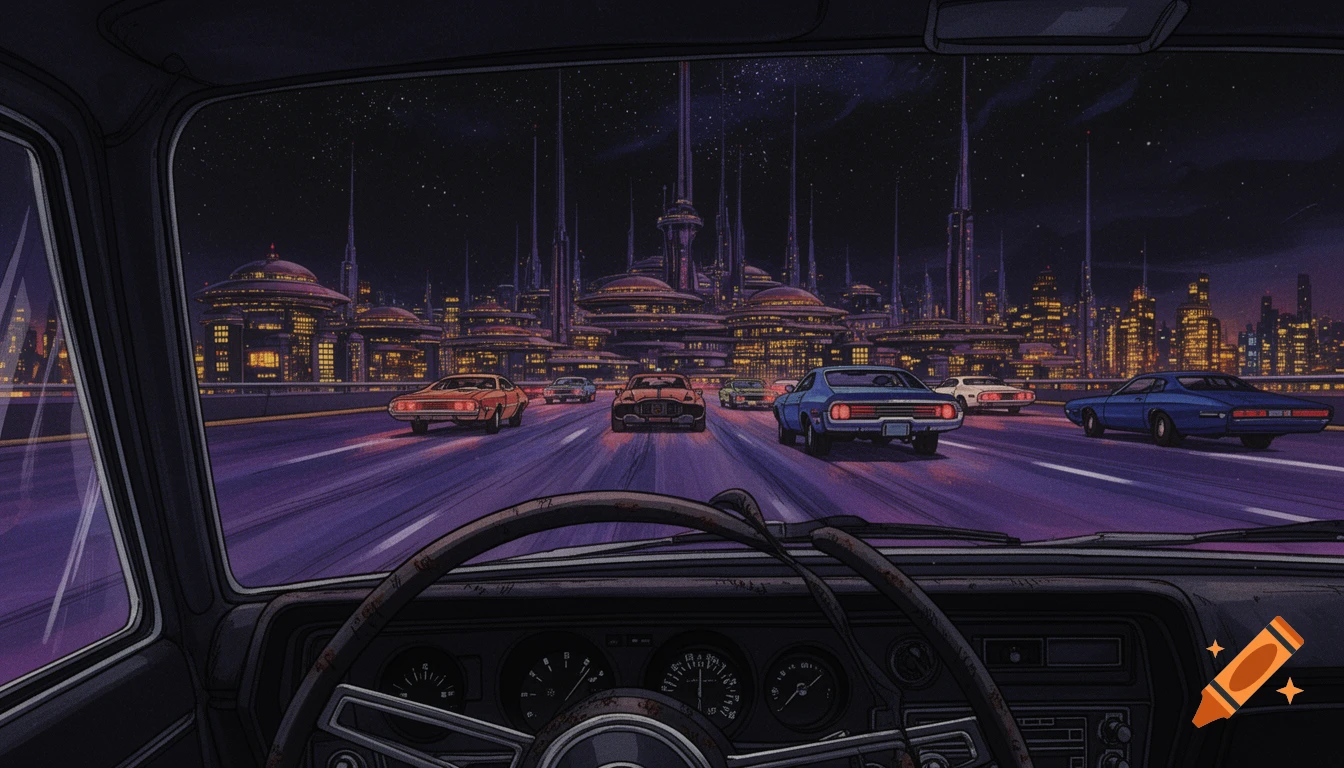 First-person view from a car at night, dashboard visible, looking out at vintage muscle cars on a futuristic highway with a neon sci-fi megacity in the background, in a retro anime style.