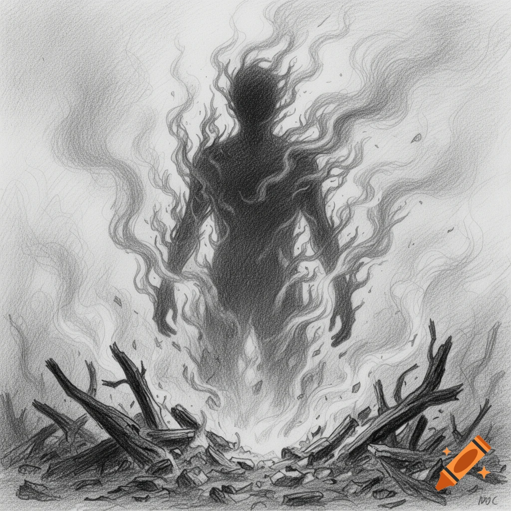A shadowy, faceless figure composed of smoke and flames rises from burning debris in a detailed black and white pencil drawing.
