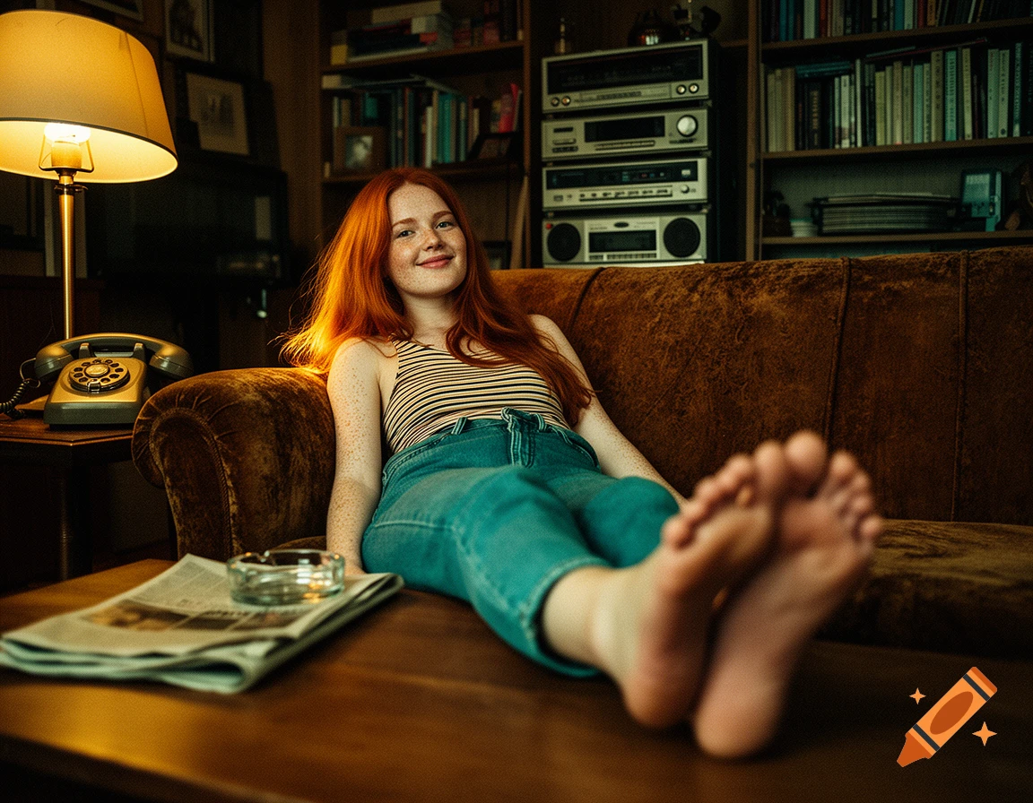 Photorealistic image of a smiling young woman with red hair reclining barefoot on a vintage brown couch in a cozy retro living room.