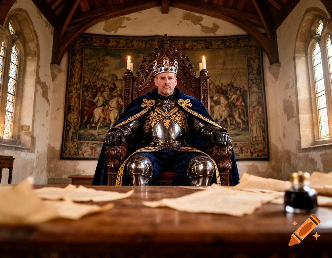 A stern man in ornate armor and a crown sits on a carved wooden throne in a grand hall, with old papers on a table in the foreground.