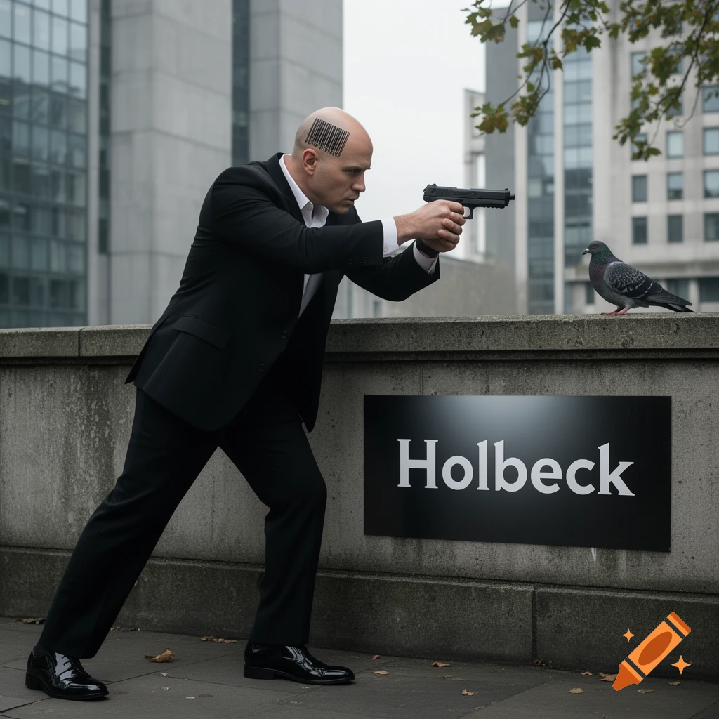 A bald man in a black suit, with a barcode on his head, aims a pistol at a pigeon on a concrete wall in an urban setting. A sign below reads "Holbeck".