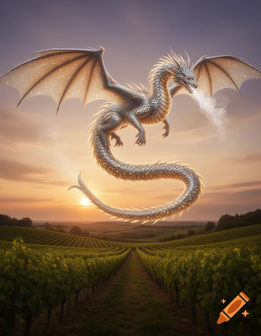 A majestic silver dragon with glowing wings flies over a lush vineyard at sunset, exhaling a puff of smoke.