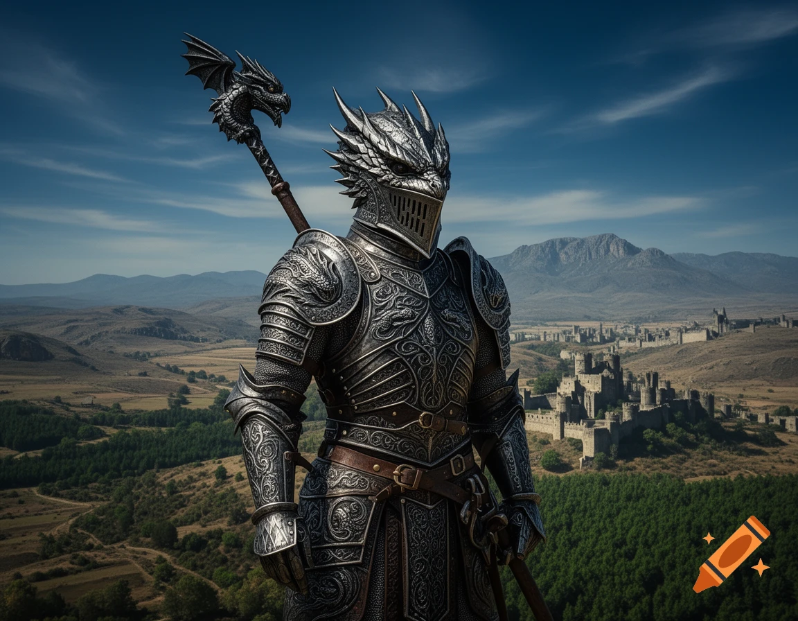 A dragon knight in ornate armor stands on a hill, overlooking a sprawling castle and mountain range under a blue sky.
