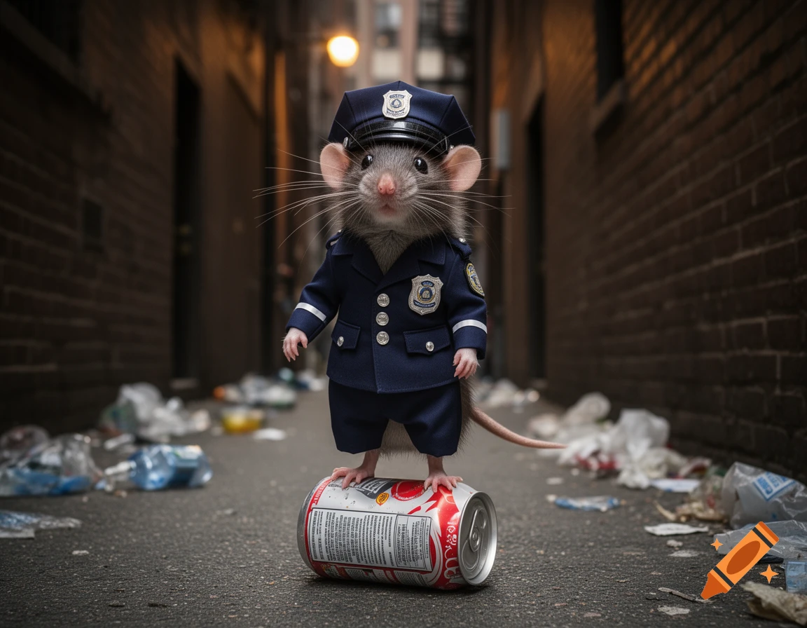 A photorealistic rat in a police uniform stands atop a discarded soda can in a dark, littered alley.