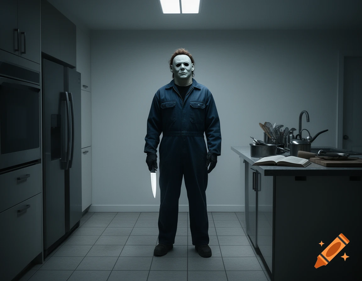 Michael Myers stands menacingly in a dimly lit modern kitchen, holding a glowing knife, with cooking utensils on a counter.