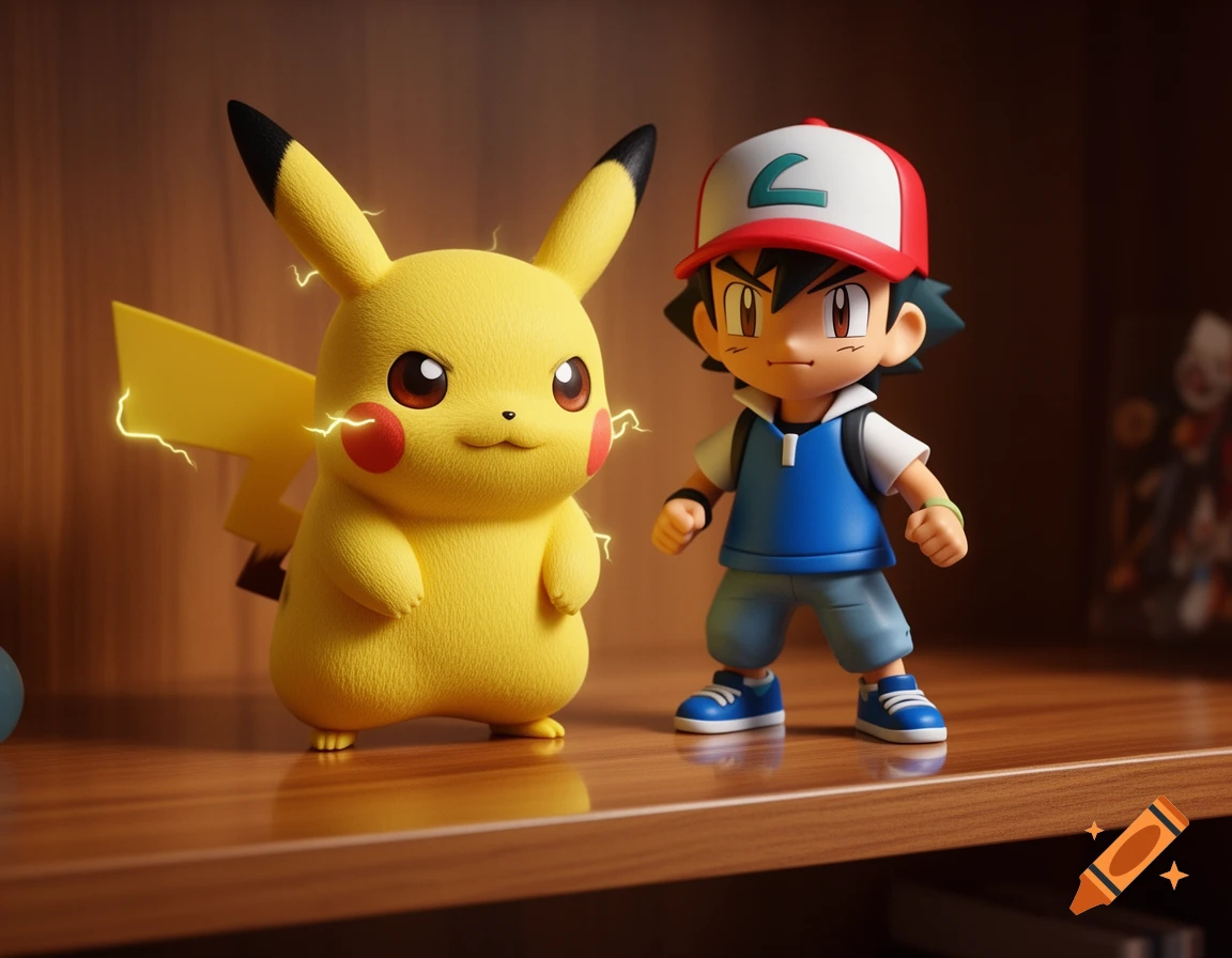 3D rendered figurines of Pikachu with subtle lightning effects and Ash Ketchum standing on a wooden shelf.