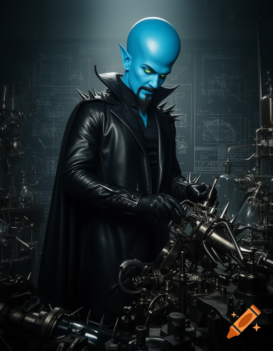 Blue-skinned Megamind-like character in a spiked black leather coat works on a complex invention in a sci-fi lab.