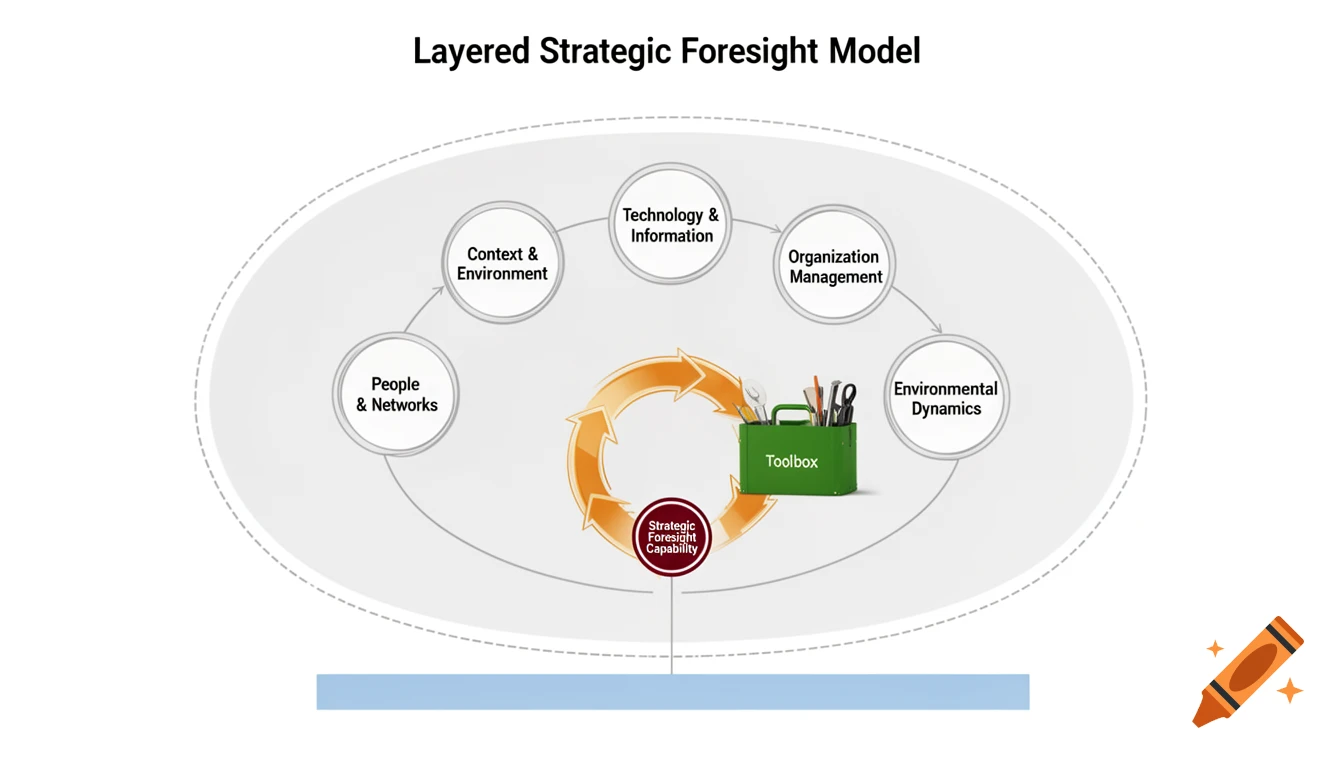 A diagram titled 'Layered Strategic Foresight Model' with interconnected elements, a central orange cycle, green toolbox, and red 'Strategic Foresight Capability' core.
