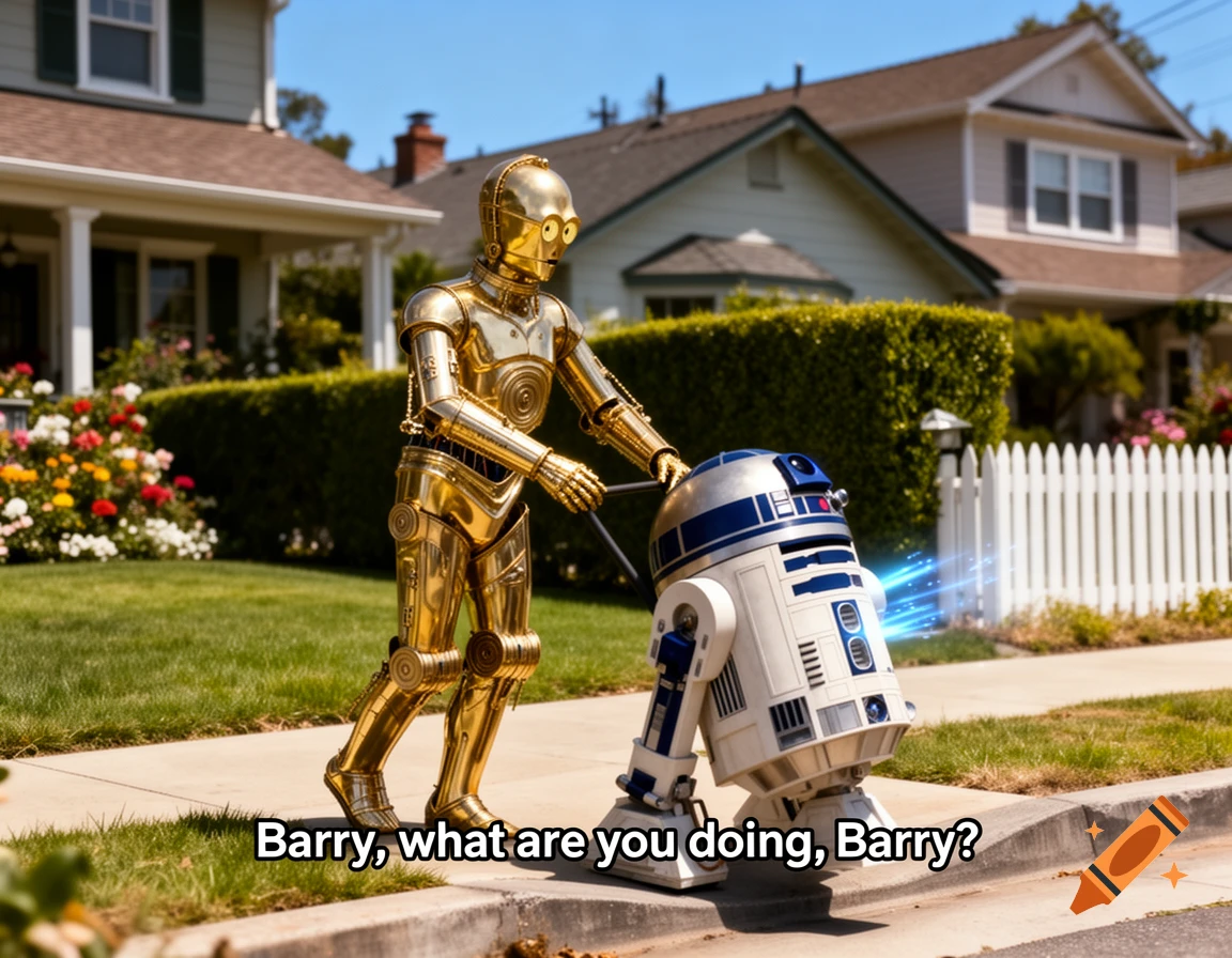 C-3PO pushes R2-D2 onto a suburban front yard, with text 'Barry, what are you doing, Barry?'