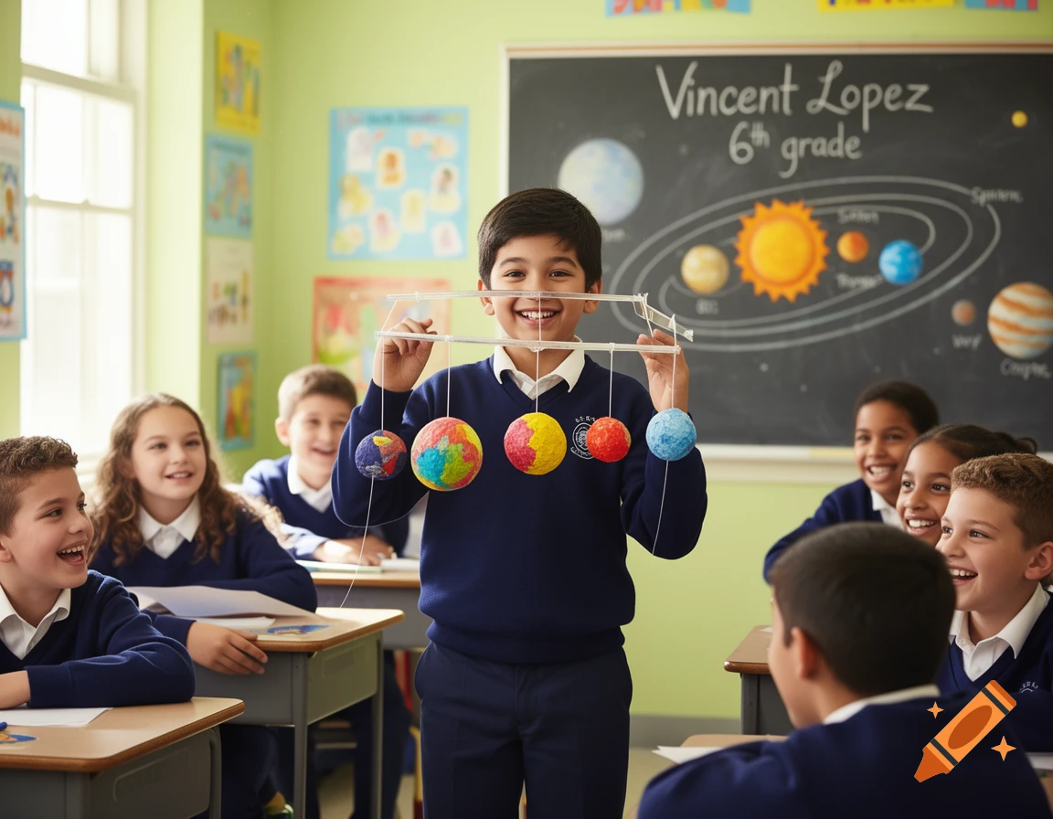 A smiling student presents a solar system model in a classroom, with other students and a blackboard reading "Vincent Lopez 6th grade".