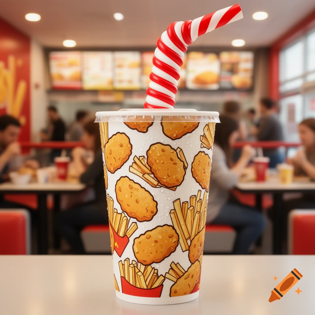 Close-up of a fast-food drink cup covered in chicken nugget and french fry illustrations, with a red and white striped straw, in a blurred restaurant background.