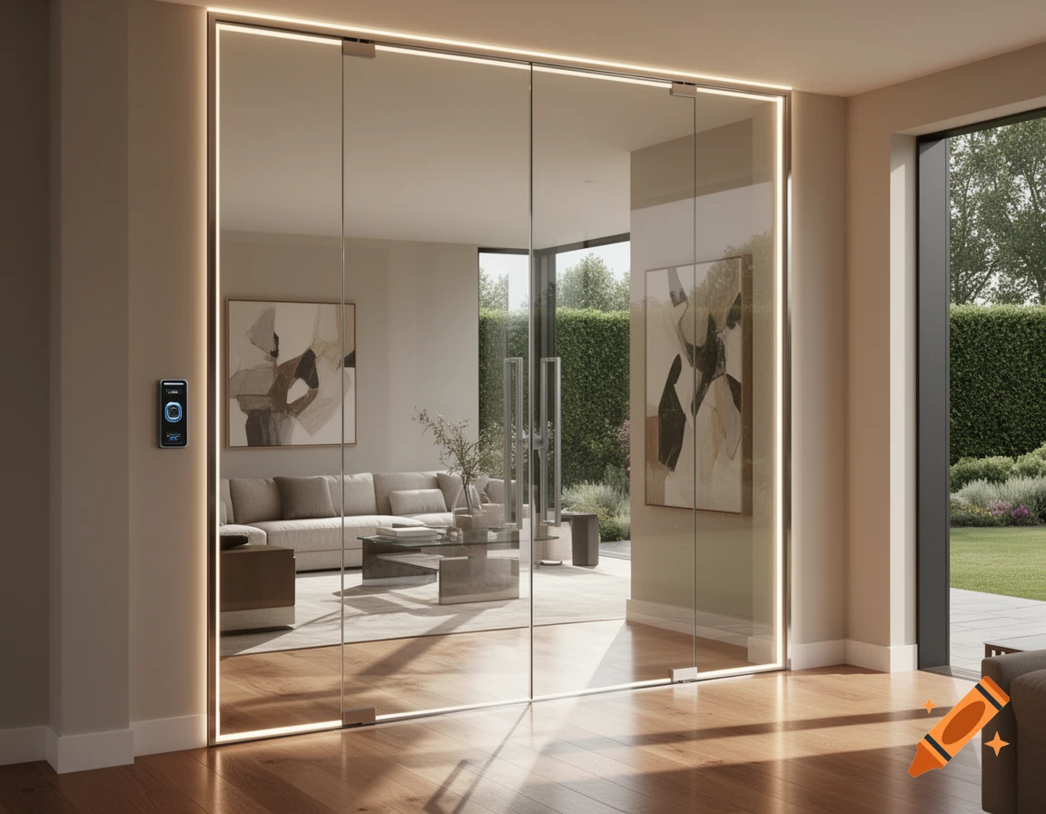 Photorealistic image of a modern smart glass door system separating a contemporary living room from a lush outdoor garden.