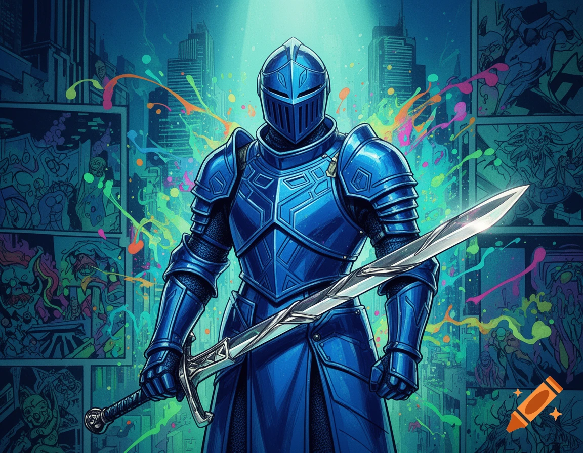 A blue pop art fantasy knight in detailed armor holds a long sword, against a blue cityscape with colorful splatters and comic panels.