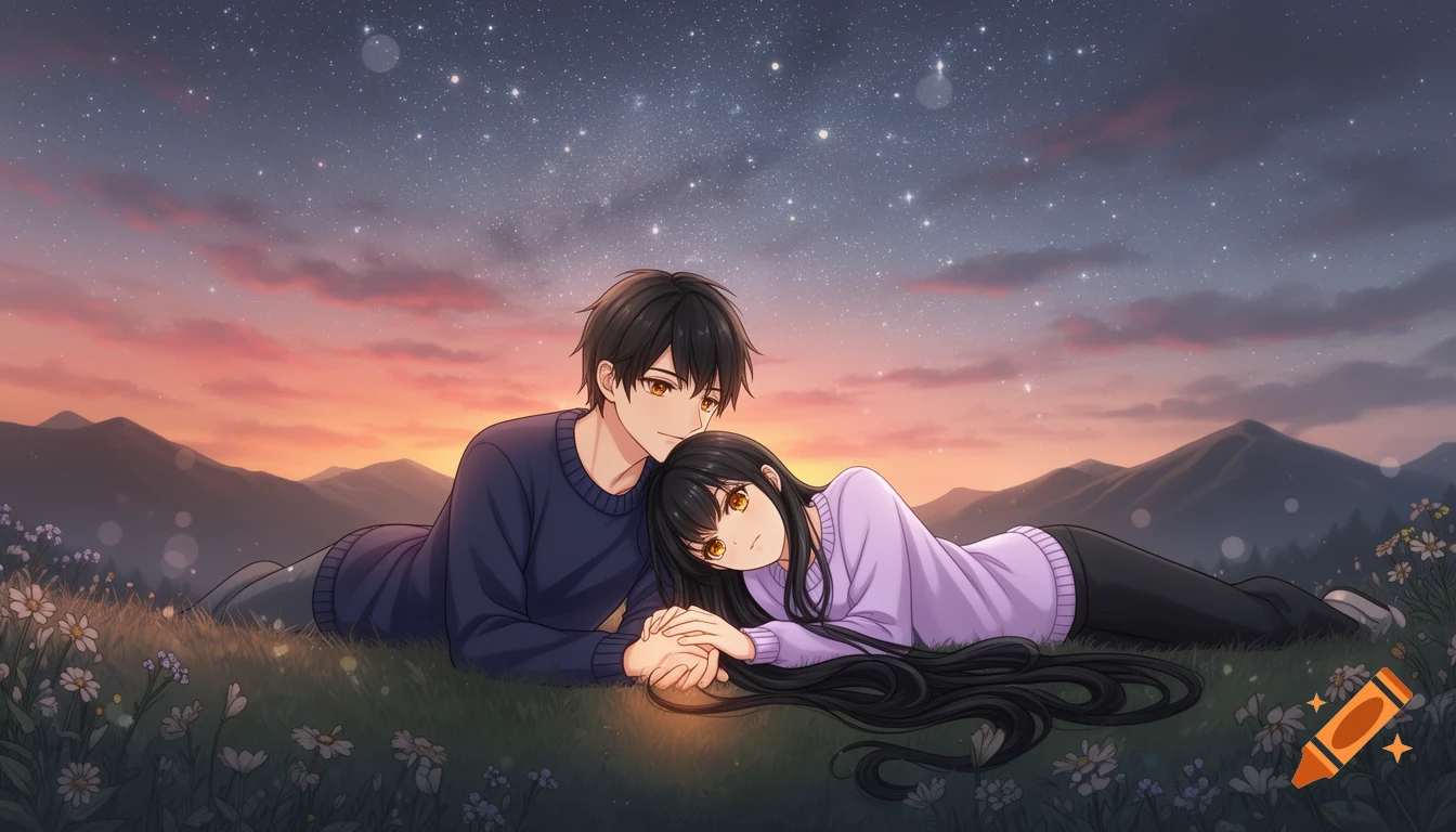 An anime couple lies on a grassy hill, holding hands, watching a starry sunset over mountains.