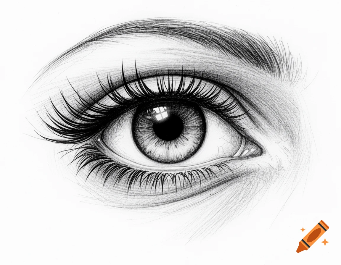 A detailed black and white pencil drawing of a human eye with long lashes and a reflection in the pupil.