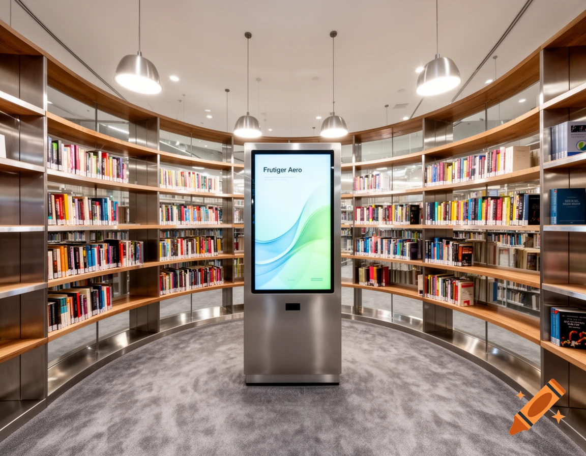 A modern library with curved wooden bookshelves filled with books, centered around a digital display showing "Frutiger Aero".