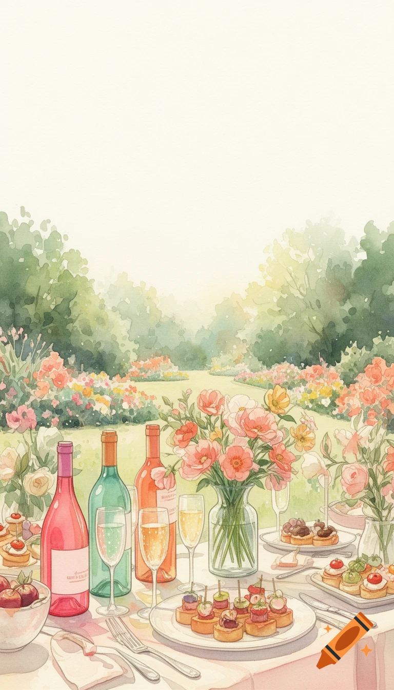 A vibrant watercolor illustration of a summer garden party table with wine bottles, glasses, a vase of pink flowers, and plates of appetizers, set against a background of lush green garden foliage and colorful flower beds.