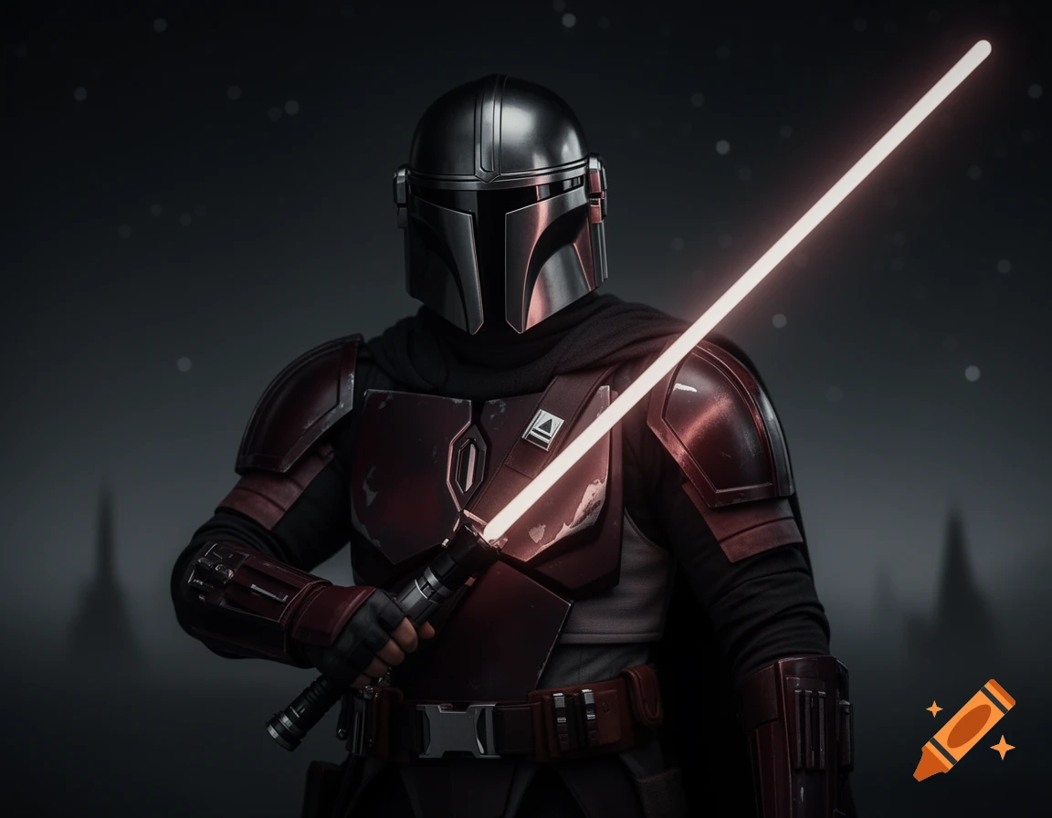 A Mandalorian-like character in black and dark red armor holds a white glowing lightsaber in a dark, starry environment.