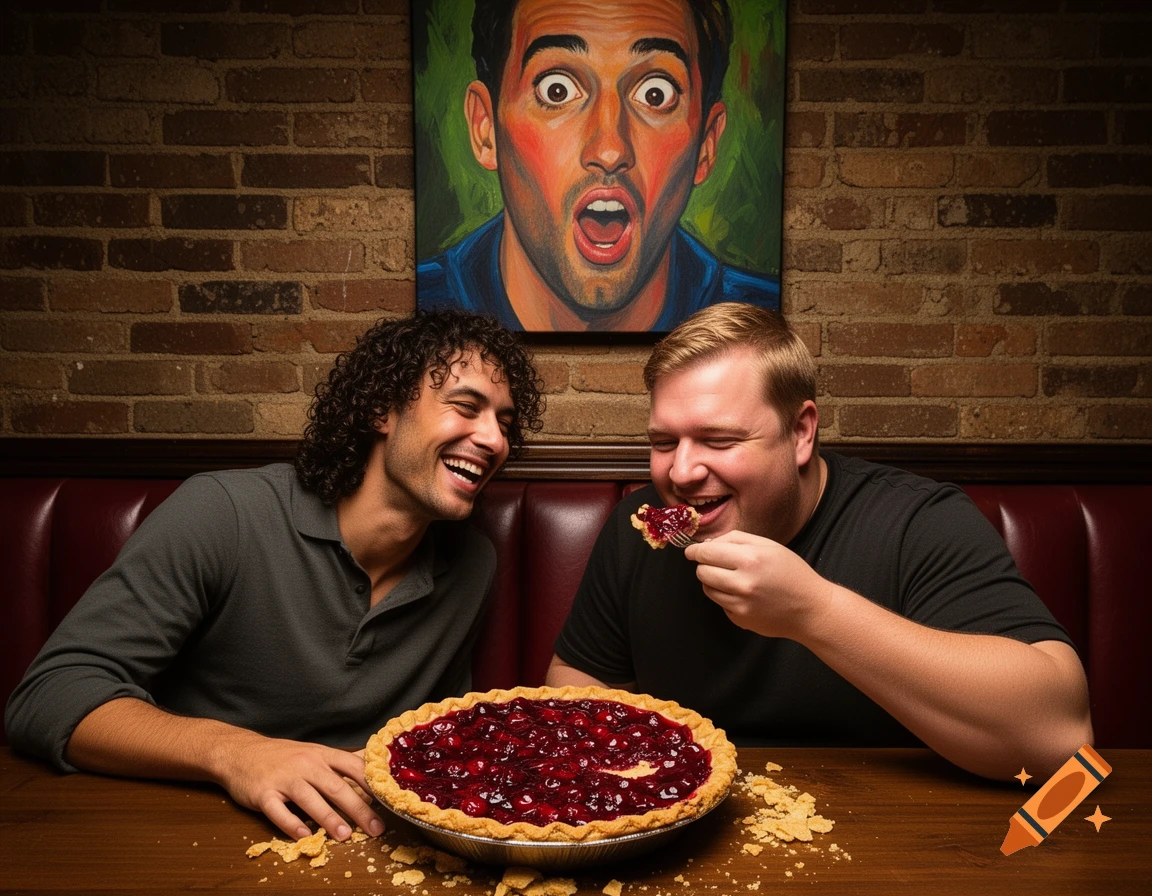 Two men laugh as one eats cherry pie in a bar booth with a painting of a surprised man on the brick wall.