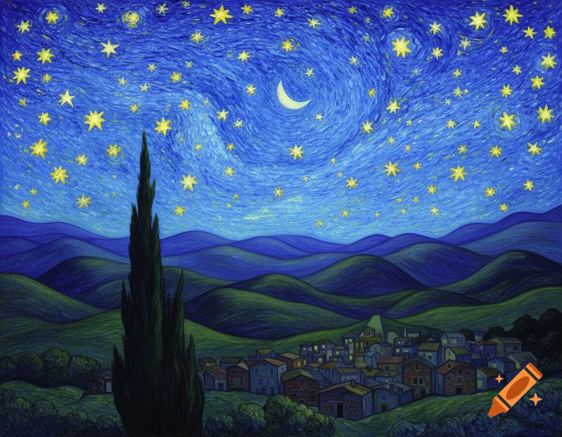 A post-impressionist painting with a dark cypress tree, a village, rolling hills, and a swirling blue night sky with bright yellow stars and a crescent moon.