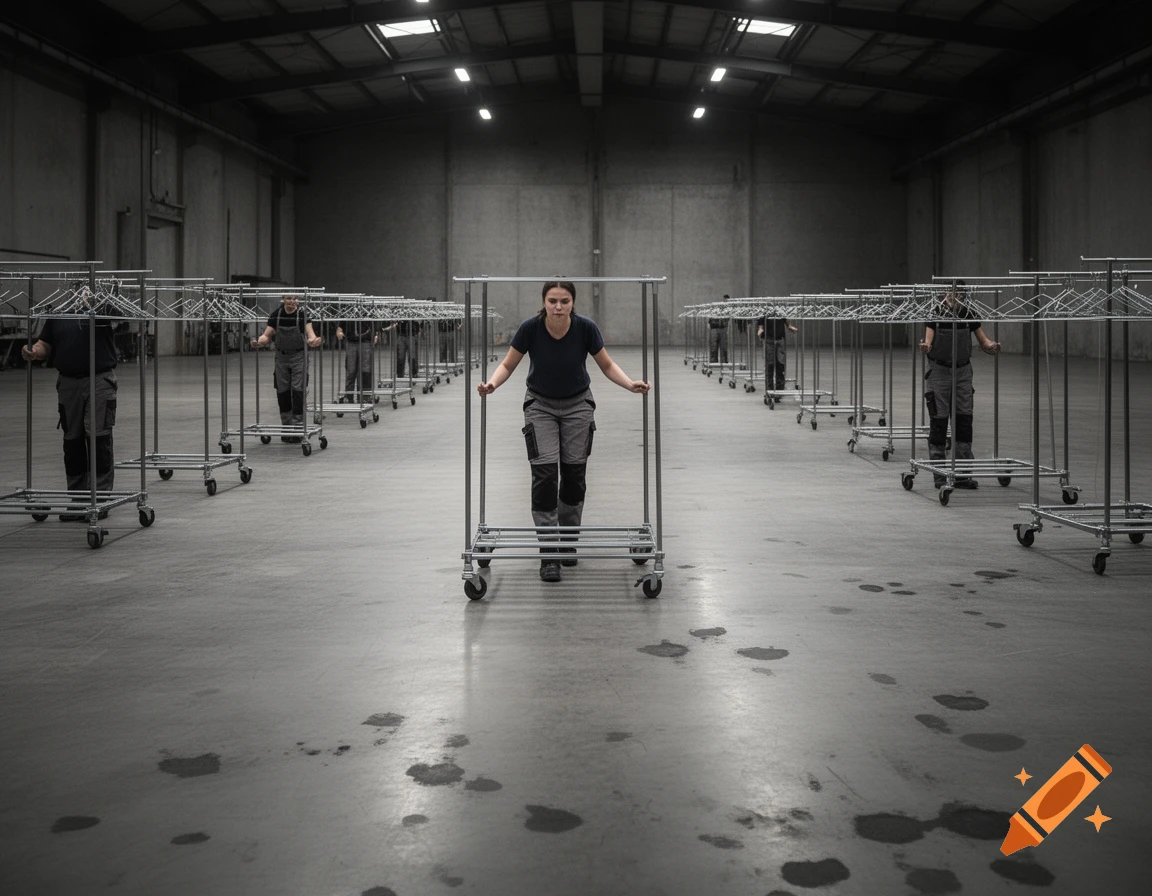 A woman pushes an empty garment rack across a large, concrete warehouse floor with stains. Other workers push racks in the background.