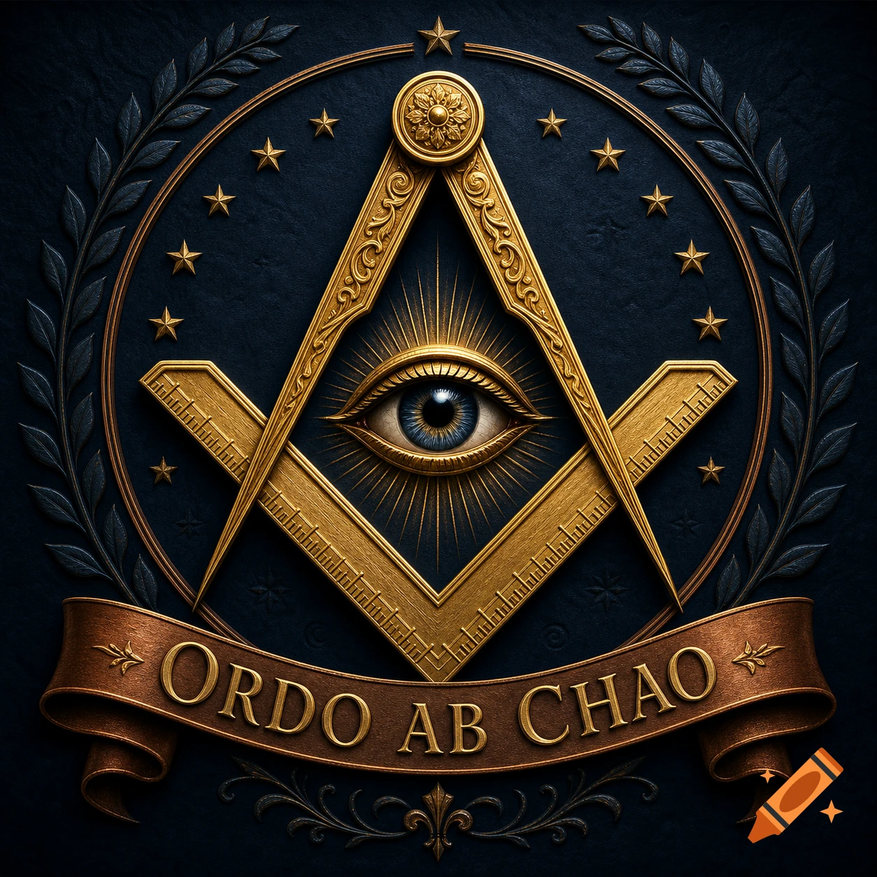 A golden Masonic emblem featuring a square, compass, and the Eye of Providence, with 'ORDO AB CHAO' on a banner.