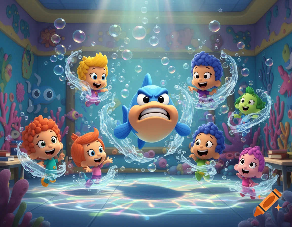Six energetic Bubble Guppies characters splash around an angry Mr. Grouper in a vibrant, bubbly underwater classroom.