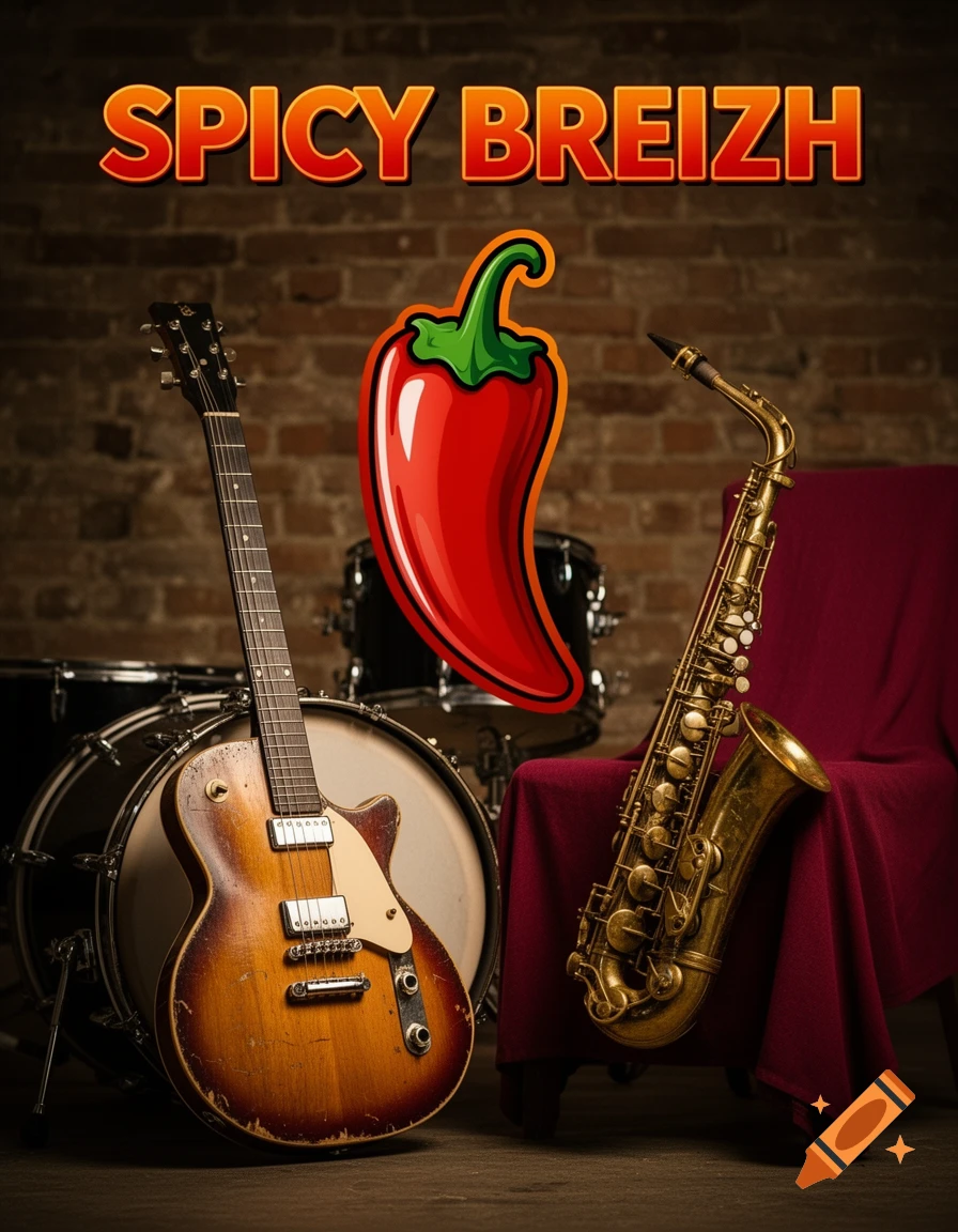 Vintage-style poster for 'SPICY BREIZH' band, featuring a guitar, saxophone, drums, and a red chili pepper logo on a brick wall.
