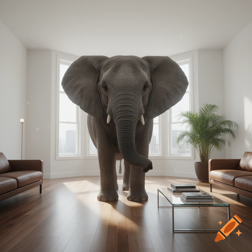 A large photorealistic elephant stands in a modern, sunlit living room with couches and a glass coffee table.