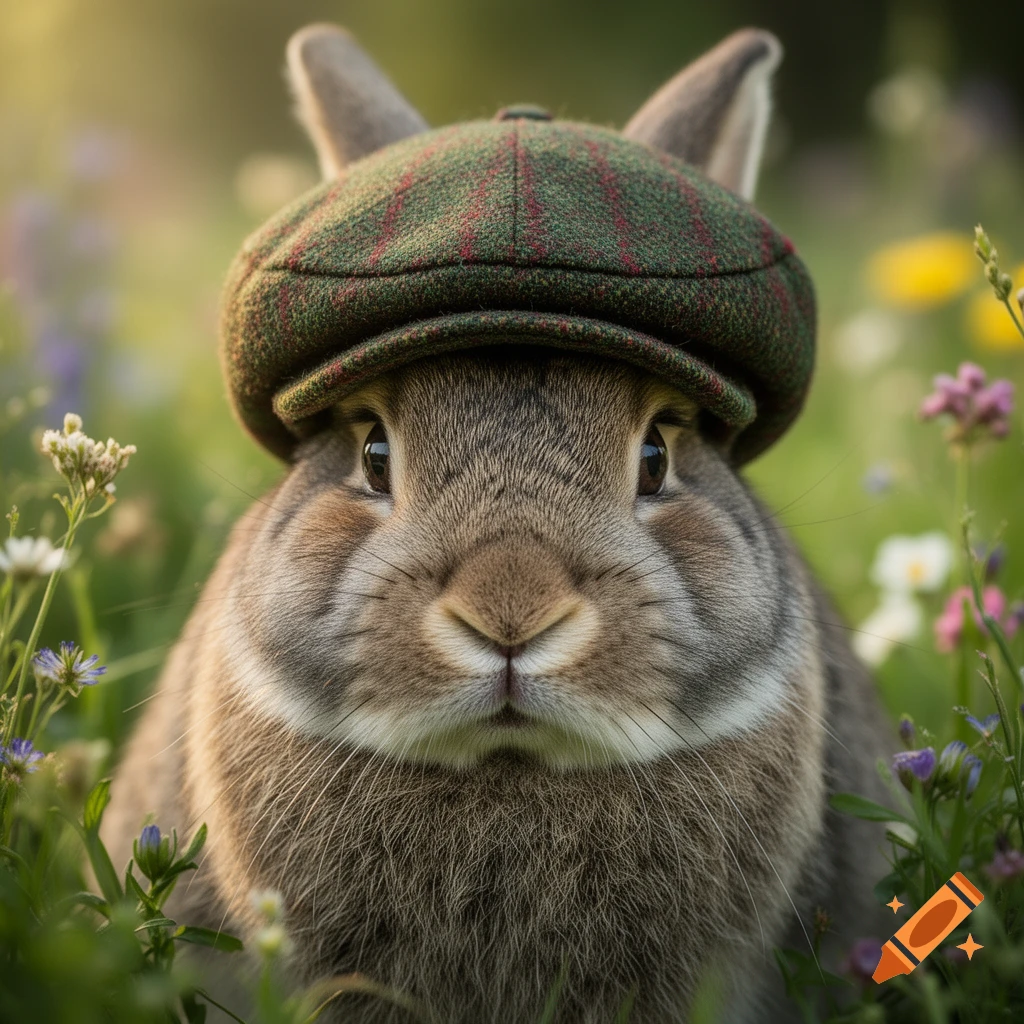 A close-up of a cute brown rabbit wearing a green plaid flat cap, surrounded by wildflowers.