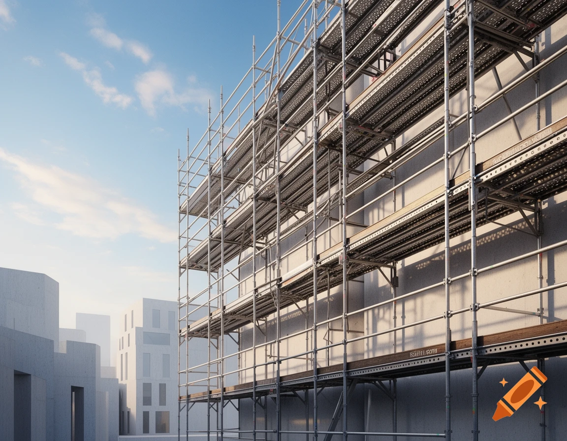 Metal scaffolding covers the side of a modern building, with other concrete structures in the background under a blue sky.