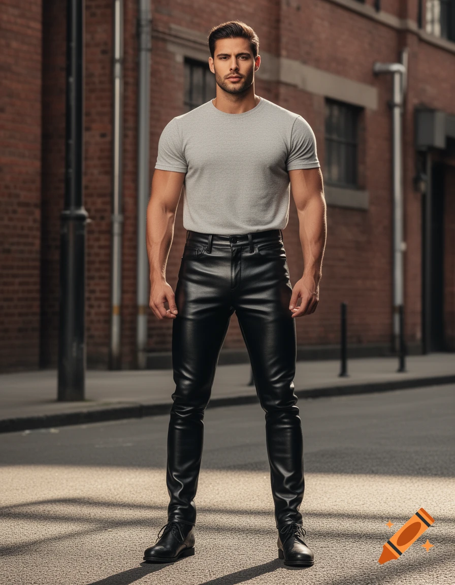 A confident man wearing a grey t-shirt, black leather pants, and black shoes stands on an urban street with brick buildings. Photorealistic.
