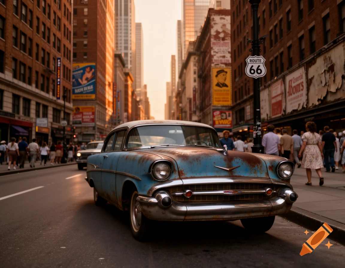A rusty blue vintage car is parked on a city street at sunset, with pedestrians and tall buildings in the background.