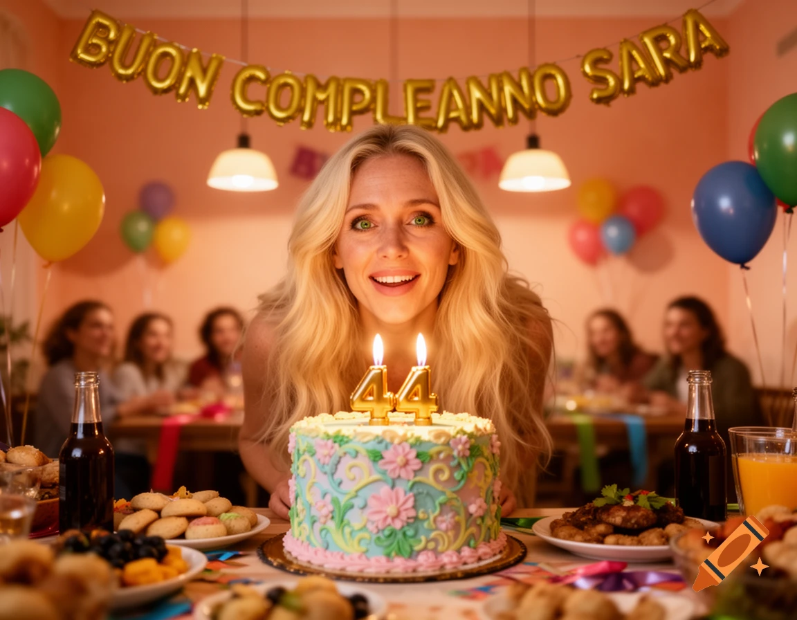 A smiling blonde woman with green eyes leans over a birthday cake with '44' candles, surrounded by balloons and food. A banner reads 'BUON COMPLEANNO SARA'.