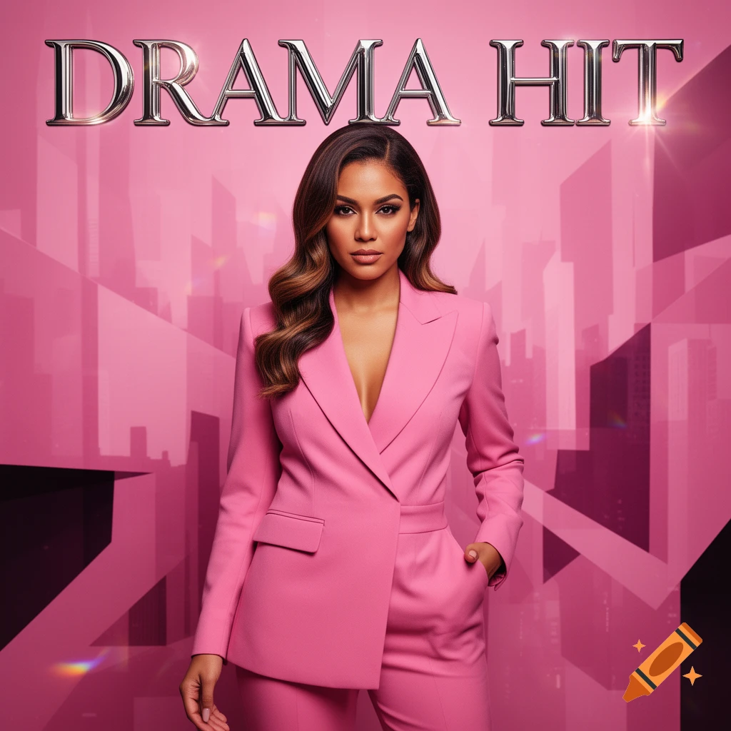 A stylish woman in a pink pantsuit stands against a pink city skyline, with "DRAMA HIT" text above her.