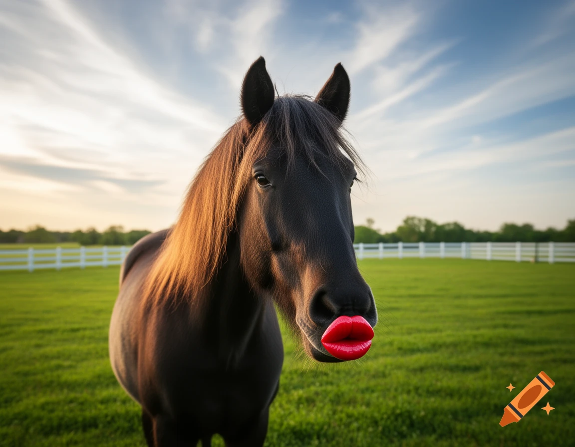 Photorealistic image of a horse making a duck face with bright red lips in a green field at sunset.