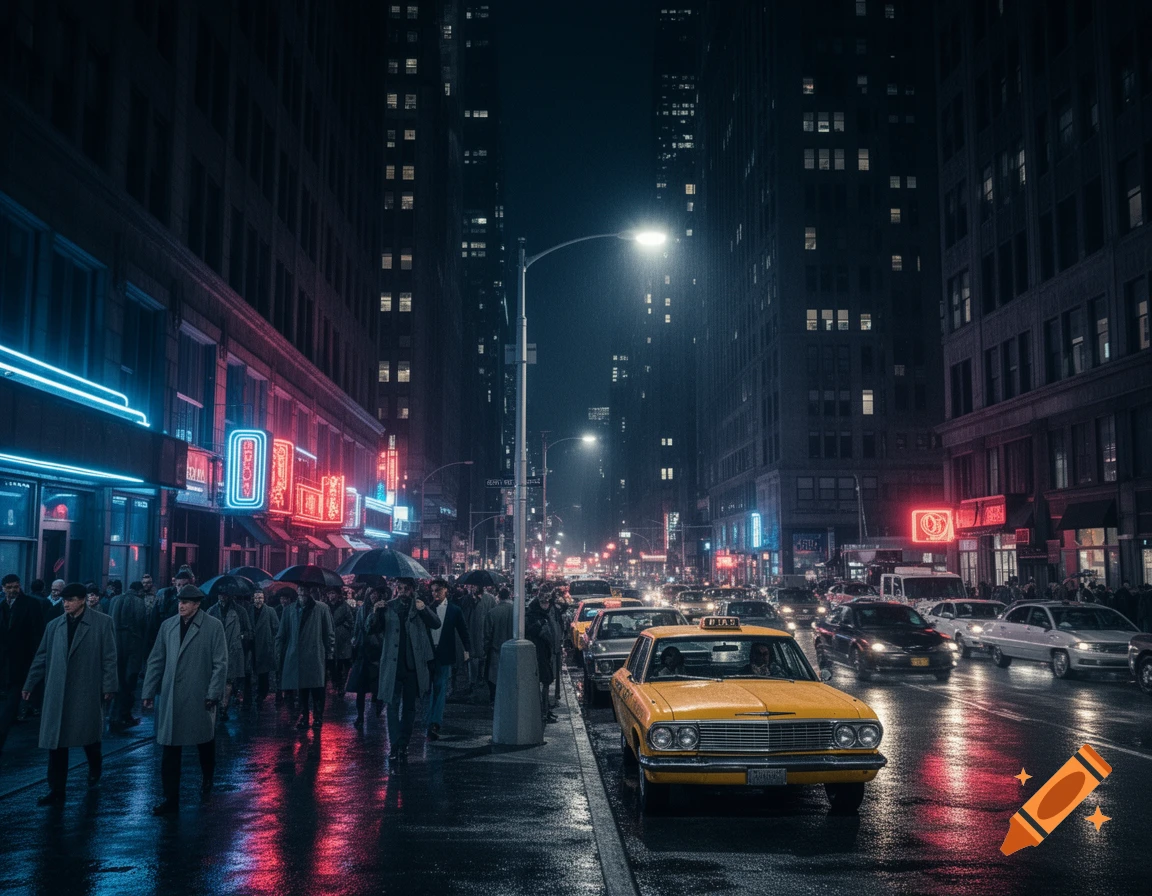 A dark, rainy city street at night with a yellow taxi, pedestrians, and neon-lit buildings reflecting on the wet pavement.
