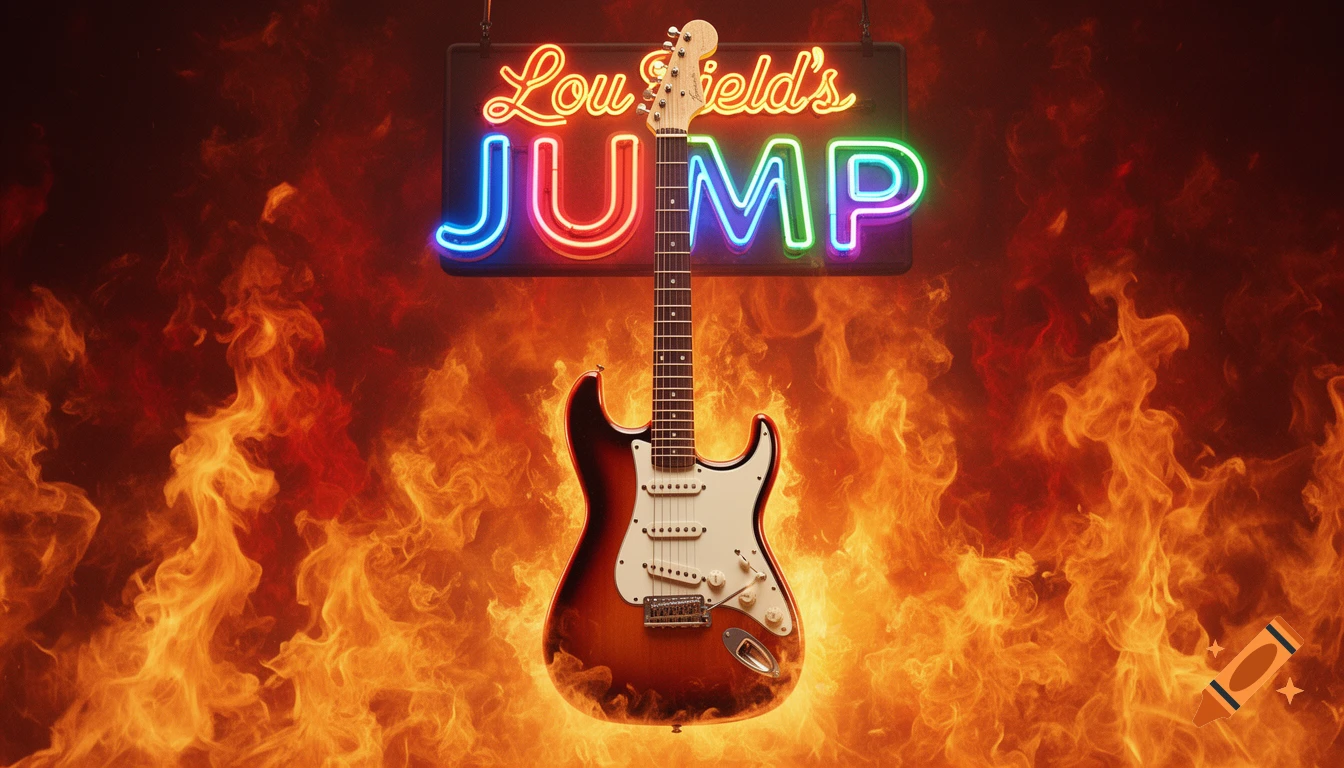 A sunburst electric guitar stands centered against a fiery background, beneath a glowing multi-colored neon sign that reads 'Lou Field's JUMP'.