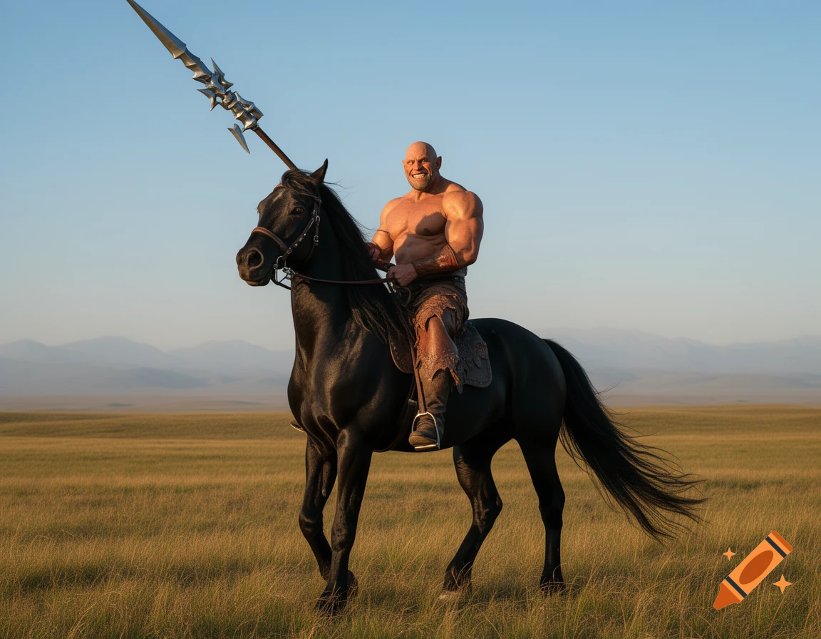 Muscular bald warrior with a gallant smile, riding a black horse and wielding a large ornate spear in a vast grassy field under a clear sky. Photorealistic.