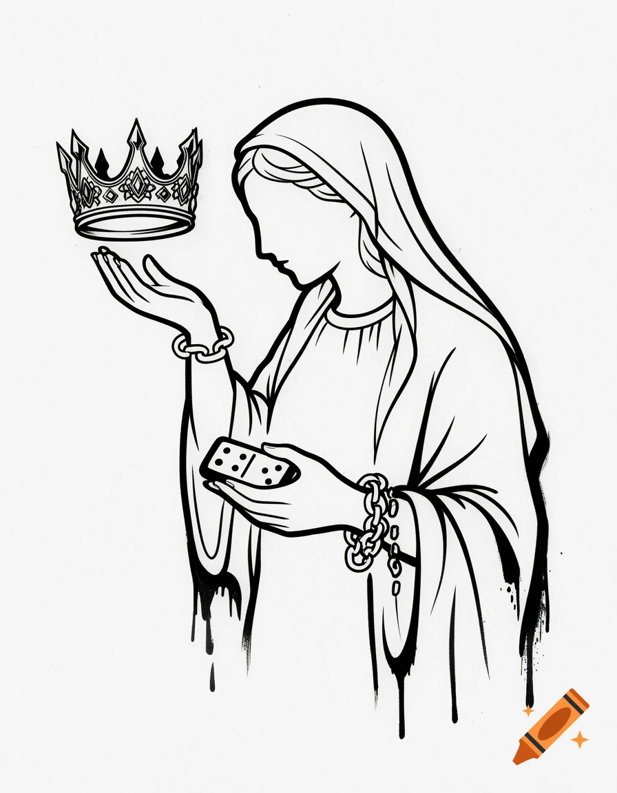 Black and white fine-line tattoo design of a stylized woman resembling Mary, holding an upside-down crown and a domino piece, with broken chains on her wrists. Drips suggest a street art influence.