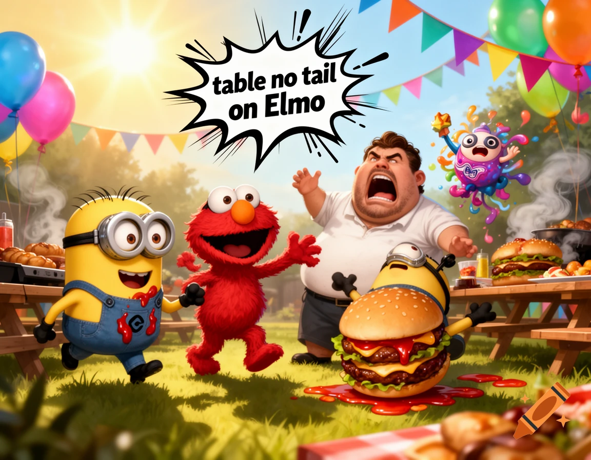 Minions, Elmo, a man, and a colorful monster at a sunny outdoor cookout with balloons. A Minion has a hamburger body, with a speech bubble saying "table no tail on Elmo".