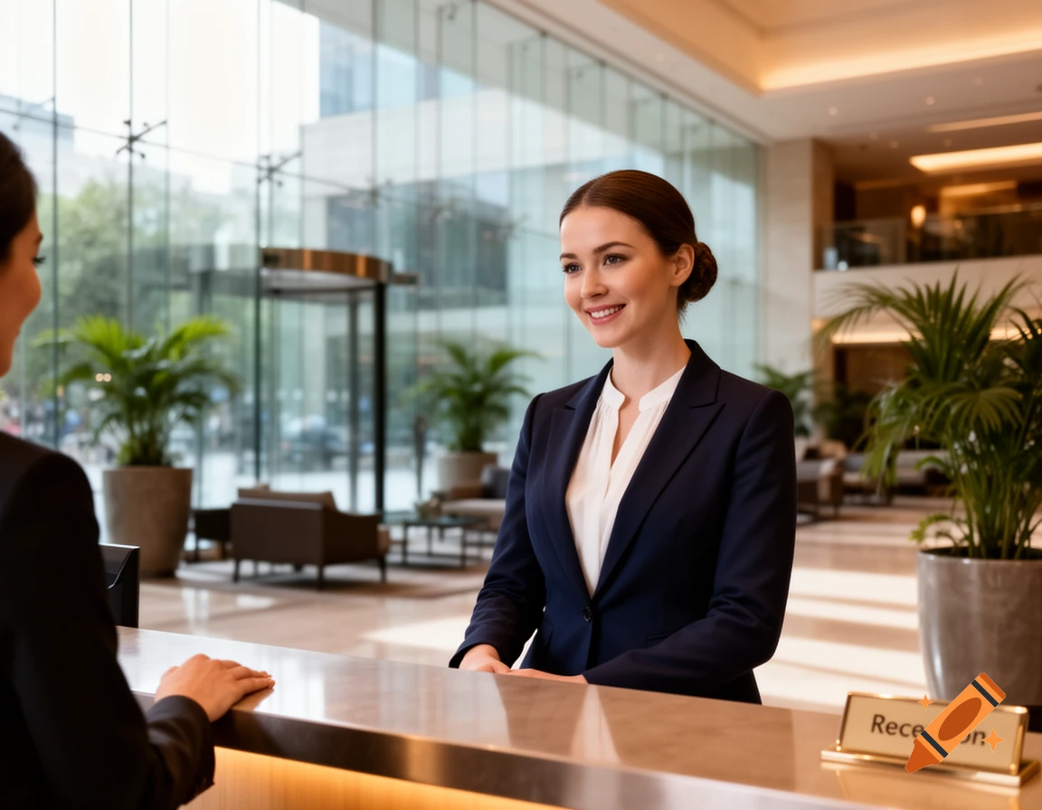 A smiling female receptionist in a suit stands behind a desk in a modern hotel lobby, with a "Reception" sign on the counter.