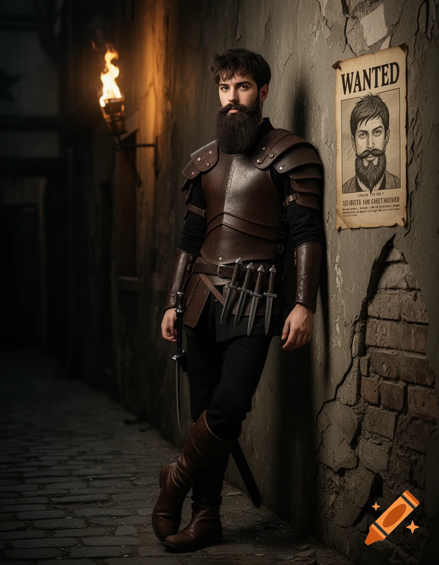 A fantasy man in dark leather armor and a long beard leans against a crumbling wall in a torchlit alley, next to a wanted poster of himself.