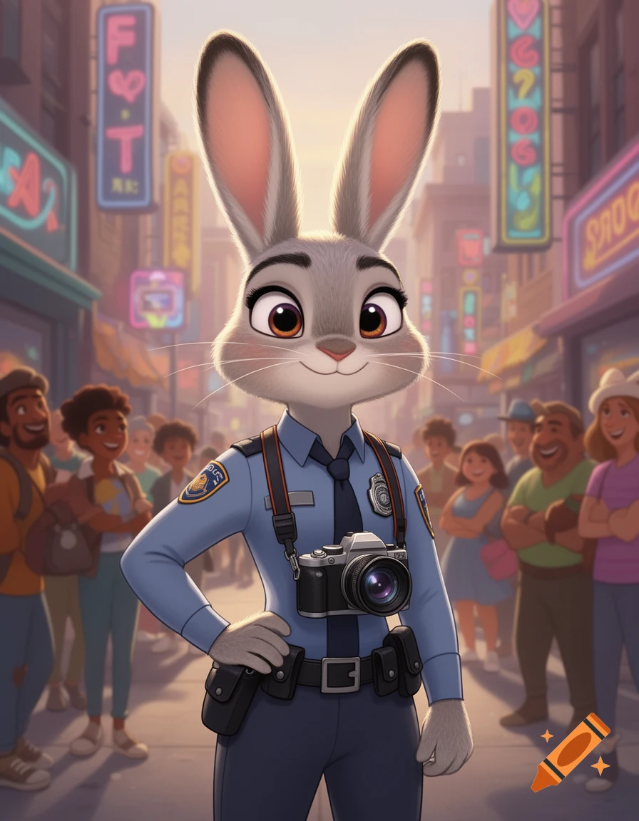 Judy Hopps as a police officer, with a camera hanging from her neck, stands in a bustling city street with neon signs.