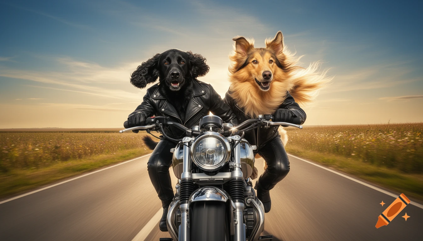 A black dog and a fluffy blond dog, both wearing black leather jackets, ride a chrome motorcycle down an open road.