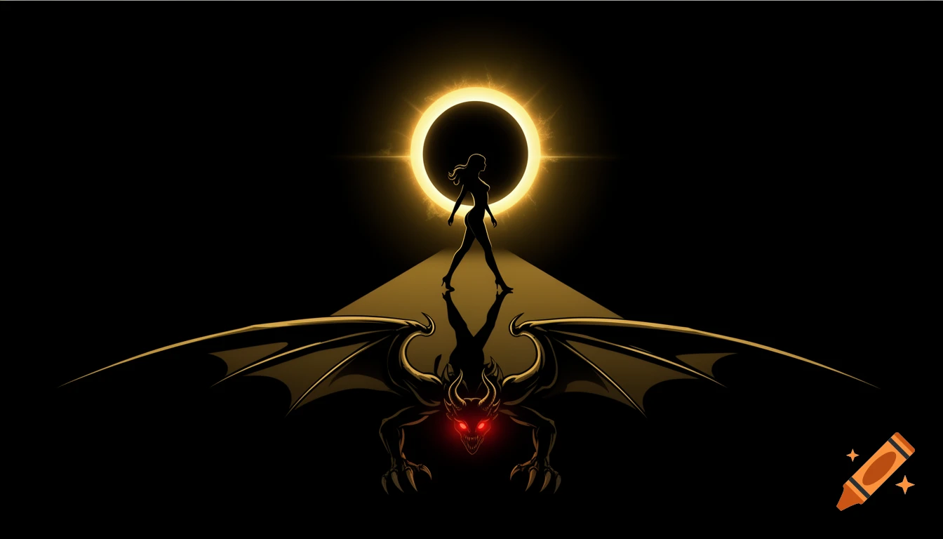 Minimalist silhouette of a woman walking towards a golden solar eclipse, her shadow transforms into a winged demon with red eyes. Graphic design style.